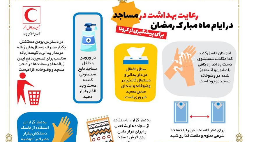  رعایت بهداشت در مساجد برای پیشگیری از کرونا در ایام ماه مبارک رمضان/اینفوگرافیک