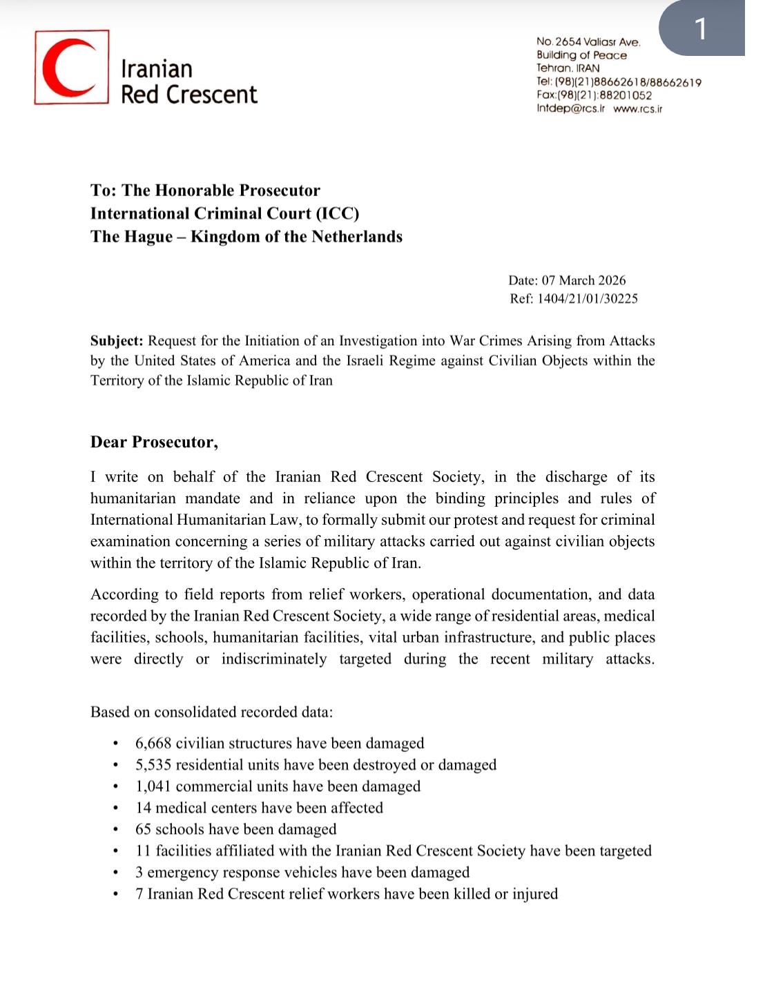 درخواست رسمی هلالاحمر ایران از دادستان دیوان کیفری بینالمللی برای تحقیق درباره جنایات جنگی در حملات به اهداف غیرنظامی